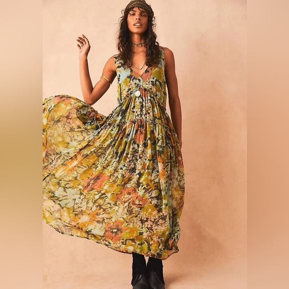 Free People Dresses & Skirts - Free People Floral Maxi Dress in Green, Yellow, Orange